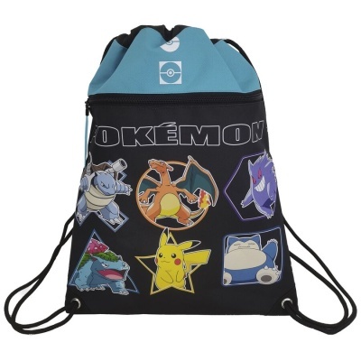 Mochila saco Pokémon preta e azul com personagens e texto