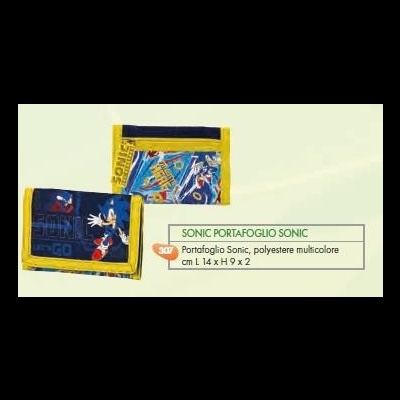 Carteira Sonic azul e amarela com personagem Sonic e texto SONIC LOGO