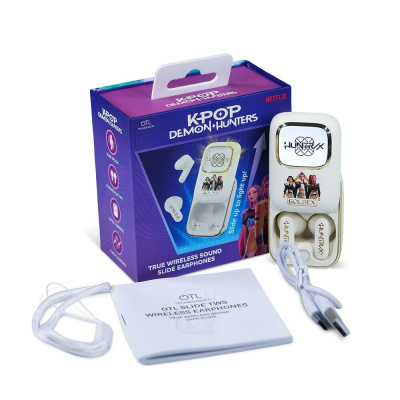 Auscultadores wireless com estojo branco, cabo USB, caixa roxa temática KPOP DEMON HUNTERS e manual de instruções em português