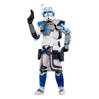 Boneco de ação com armadura azul, branco e preto segurando arma