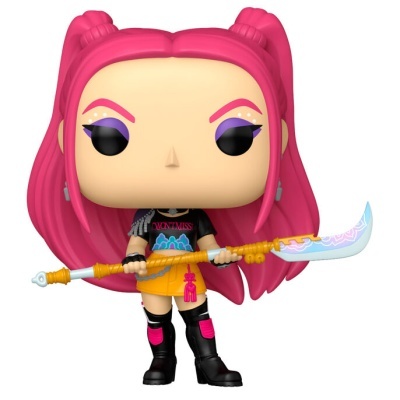 Figura Funko Pop com cabelo rosa e roupa colorida segurando arma decorada