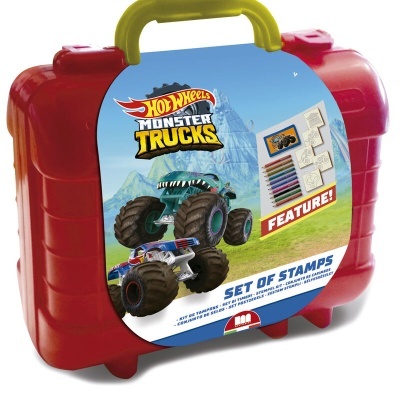 Maleta vermelha Hot Wheels Monster Trucks com carimbos