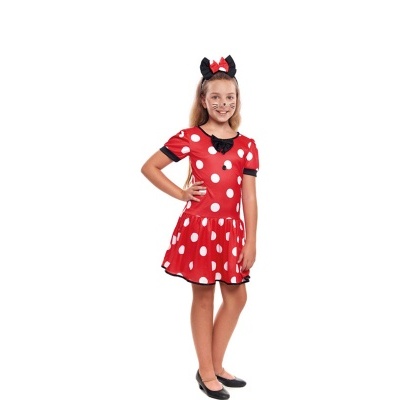 Vestido vermelho com bolinhas brancas e acessórios de orelhas para criança