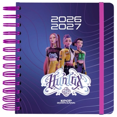 Caderno espiral azul e roxo com personagens e texto