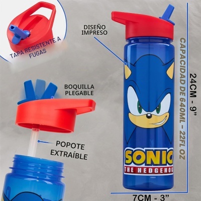 Garrafa plástica azul com estampa Sonic ao centro e tampa vermelha com palhinha.
