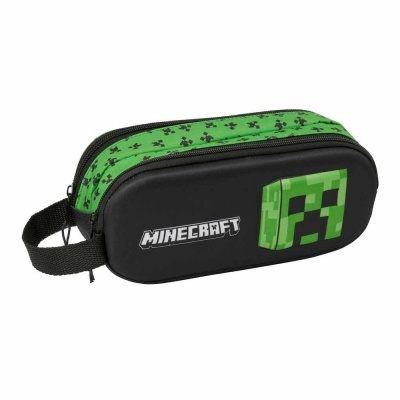 Estojo preto e verde Minecraft com rosto de Creeper pixelado e logótipo