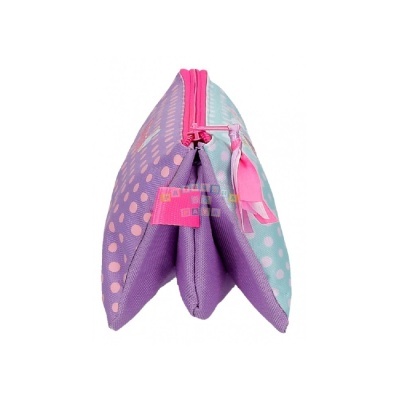 Necessaire de tecido com zíper rosa e padrão de bolinhas lilás e azul claro