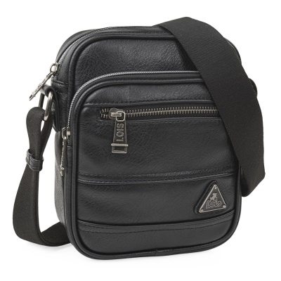 Bolsa preta de couro sintético com várias divisões e alça larga preta