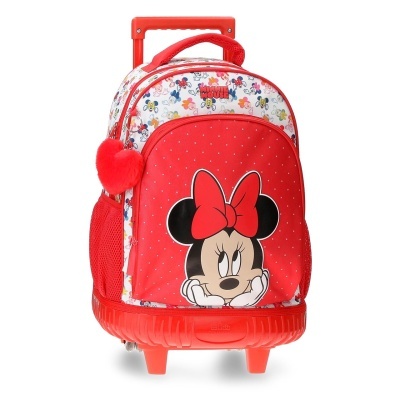 Mochila de rodas vermelha com desenho da Minnie e padrão de bolinhas.