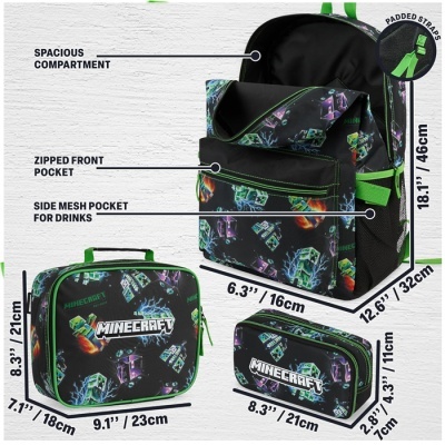 Conjunto mochila, lancheira e estojo MINECRAFT preto com verde e padrão de personagens coloridos