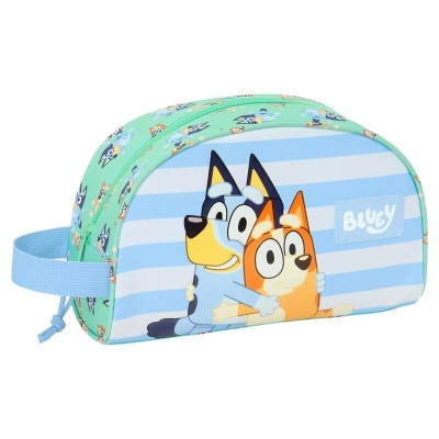 Estojo infantil colorido com personagens Bluey em tecido azul e verde
