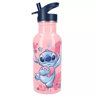 Garrafa de água rosa decorada com Stitch e tampa azul escura com palhinha