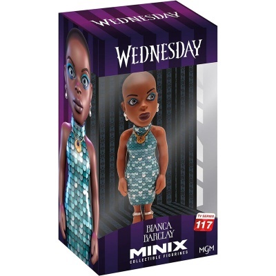 Figura colecionável Bianca Barclay da série Wednesday em caixa roxa e preta.