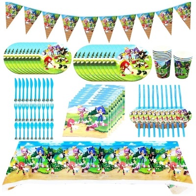 Conjunto de festa infantil tema Sonic com pratos, copos, talheres, guardanapos e bandeirolas coloridas