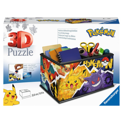 Puzzle 3D Pokémon Ravensburger caixa de arrumação colorida com personagens Pikachu e outros
