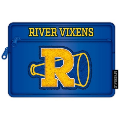 Estojo azul com estampado amarelo River Vixens e megafone
