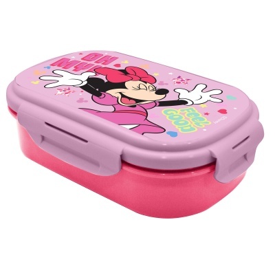 Marmita rosa com tampa lilás da Minnie Mouse e texto decorativo