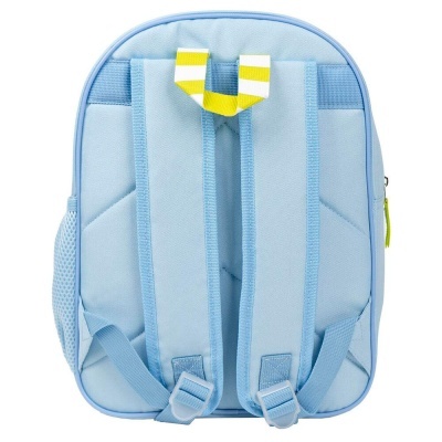 Mochila azul clara vista de trás com alças almofadadas e alça superior riscada amarelo e branco