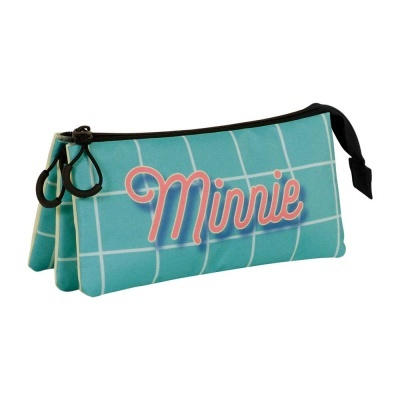Estojo azul com padrão de quadrícula e texto Minnie em rosa