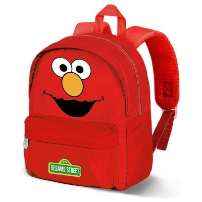 Mochila infantil vermelha com estampa do rosto do Elmo e bolso frontal