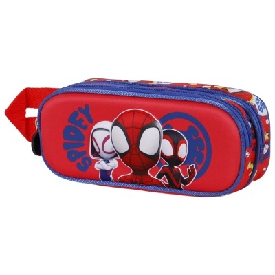 Estojo escolar vermelho com personagens Spider-Man e fecho azul
