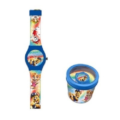 Relógio infantil azul com desenhos animados e estojo cilíndrico