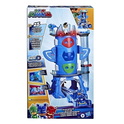 Brinquedo PJ Masks torre de comando azul, personagens Gecko, Catboy e Owlette, com texto e etiquetas na embalagem