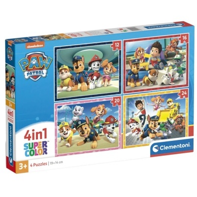 Embalagem de puzzles Clementoni 4 em 1 da Paw Patrol com 4 puzzles coloridos