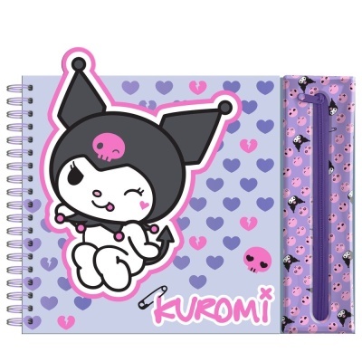 Caderno espiral lilás Kuromi com estojo e caneta roxa