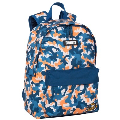 Mochila com padrão camuflado azul, branco e laranja com bolso frontal azul escuro e etiqueta FORTNITE