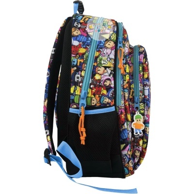 Mochila colorida com personagens desenhados e fechos azuis.