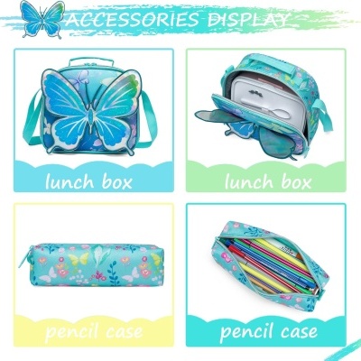 Lancheiras e estojos azuis com padrão de borboletas e corações para crianças