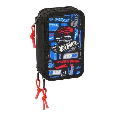 Estojo Hot Wheels preto com padrões coloridos e fecho de correr duplo