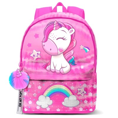Mochila rosa com unicórnio e arco-íris decorativos