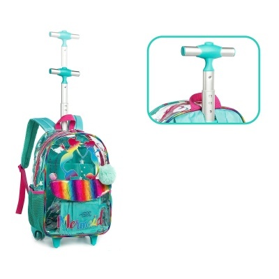 Mochila com rodas e pega ajustável azul turquesa com padrões coloridos e texto Mermaid