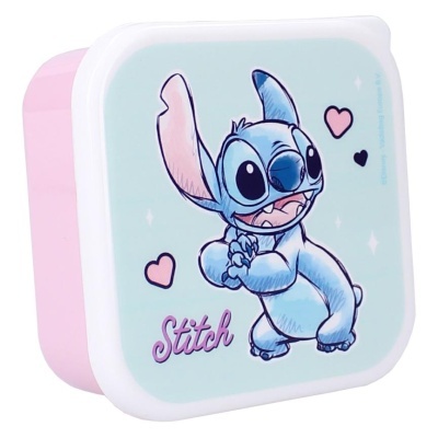Recipiente com tampa branca e personagem Stitch azul desenhado