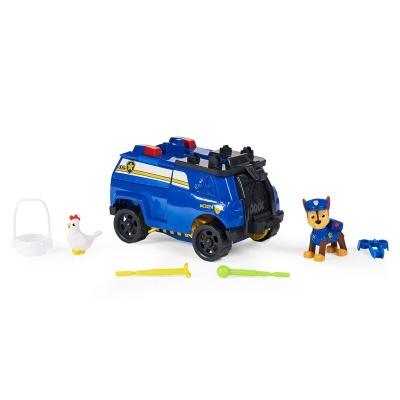 Brinquedo conjunto com veículo policial azul, cão policial, galinha e acessórios coloridos