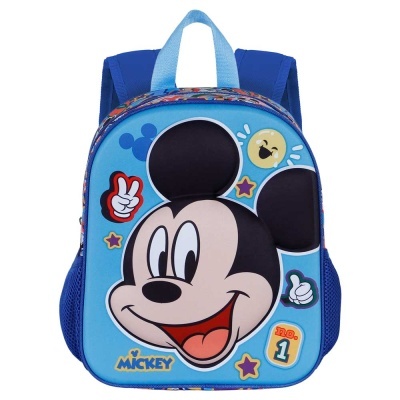 Mochila infantil azul com estampa do Mickey Mouse e símbolos coloridos