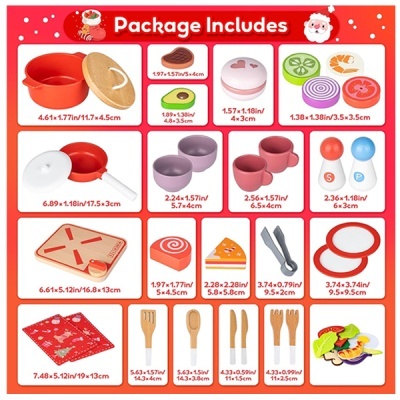 Conjunto de brinquedos de cozinha coloridos com panelas, utensílios e alimentos fictícios