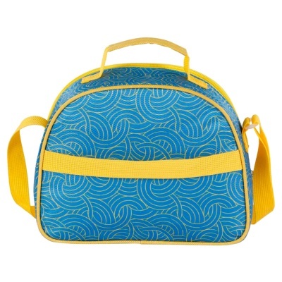 Bolsa azul com padrões amarelos e alças amarelas