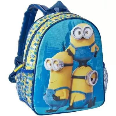 Mochila azul infantil com Minions e detalhes amarelos