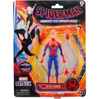 Figura de ação Peter Parker Spider-Man em embalagem com cores vermelhas, amarelas e azuis