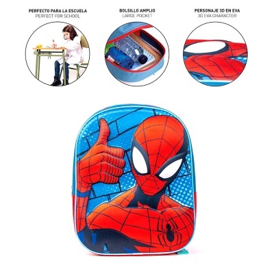 Mochila infantil Homem-Aranha azul e vermelho com personagem 3D e bolso amplo
