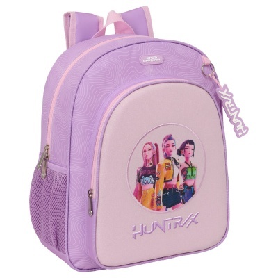 Mochila lilás e rosa com bolso frontal e desenho de três personagens femininas, com texto HUNTRX.
