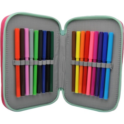 Estojo aberto com 18 marcadores coloridos organizados em elásticos