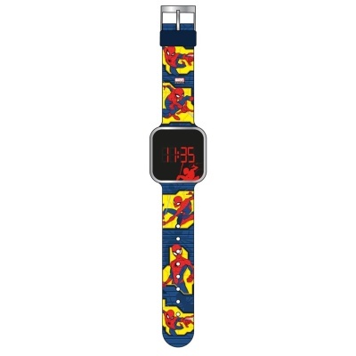 Relógio digital Homem-Aranha azul e amarelo com bracelete decorado