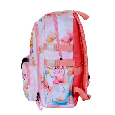 Mochila floral infantil rosa com bolsos e alças acolchoadas