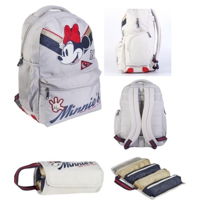 Mochila cinza clara da Minnie com estampa, estojo cinza combinado aberto e fechado