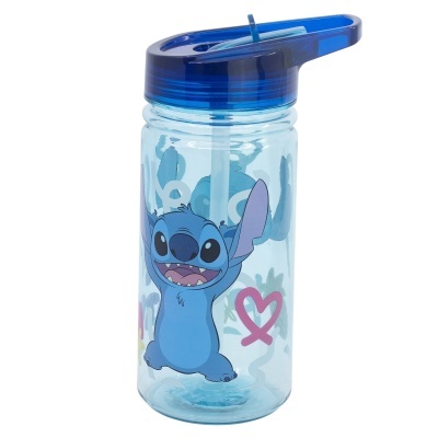 Garrafa de plástico transparente com tampa azul escura e personagem de desenho animado azul