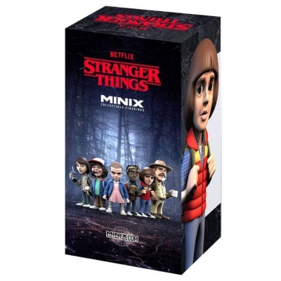 Caixa de figuras colecionáveis Minix Stranger Things da Netflix com personagens estilizados e fundo escuro